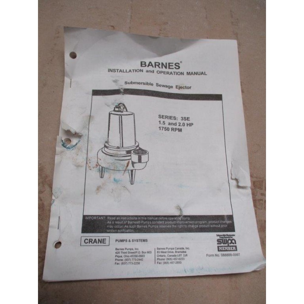 3 Barnes 3se2044l Submersible Sewage Ejector Pump 2 Hp 460 V 3